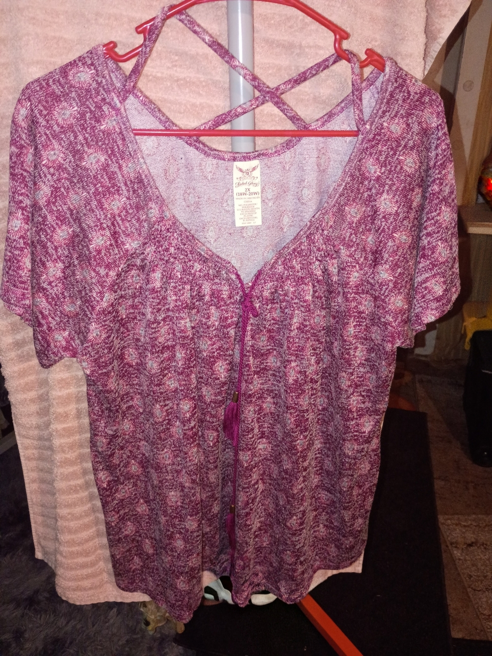 Burgundy Patterned Short Sleeve Boho Top with Tassel Tie